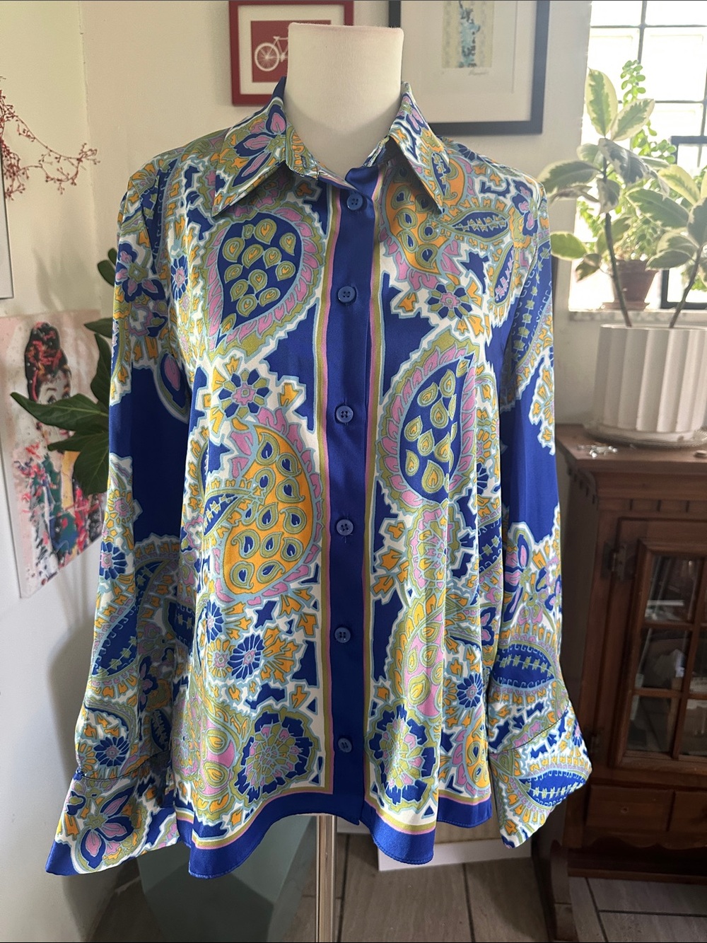 Zara Italy Blue Paisley Button-Down Blouse with Multicolor Accents Medium NWT